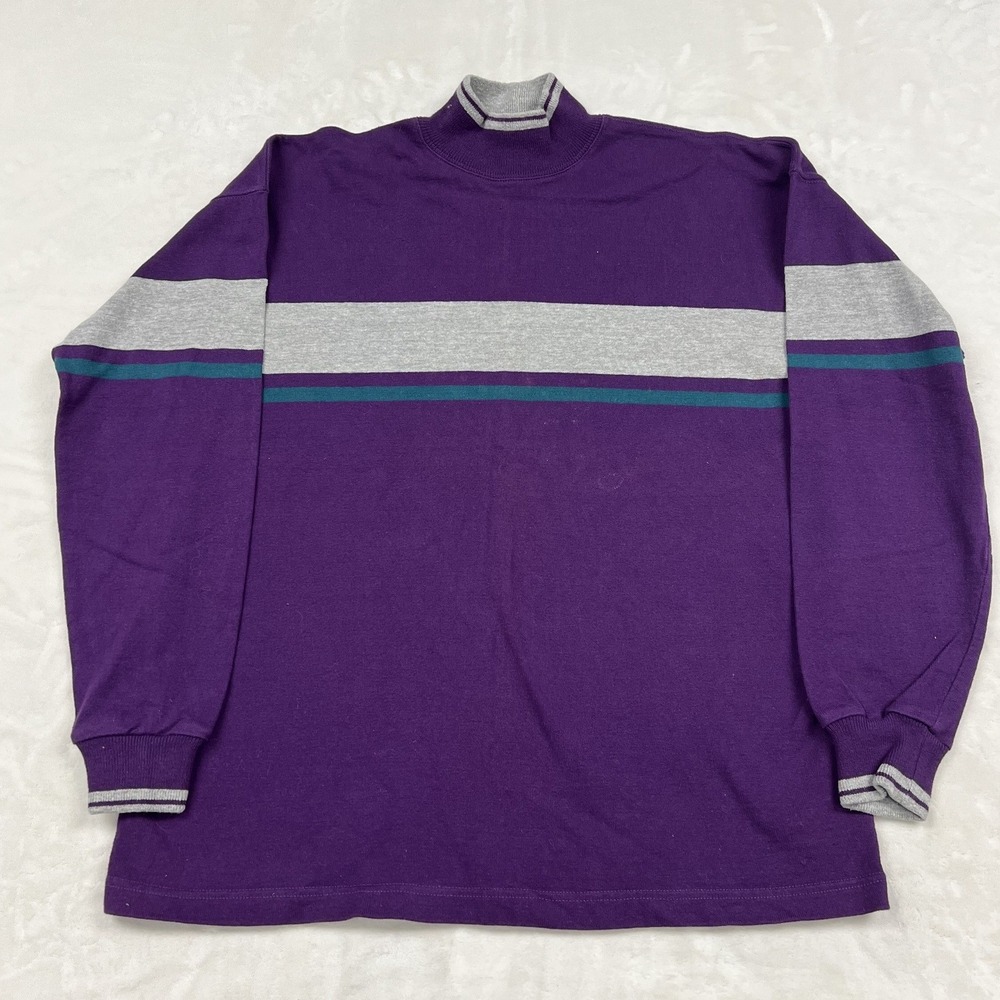 L.L. Bean Mock Neck Shirt Mens Large Purple Grey Stripe Long Sleeve USA Made